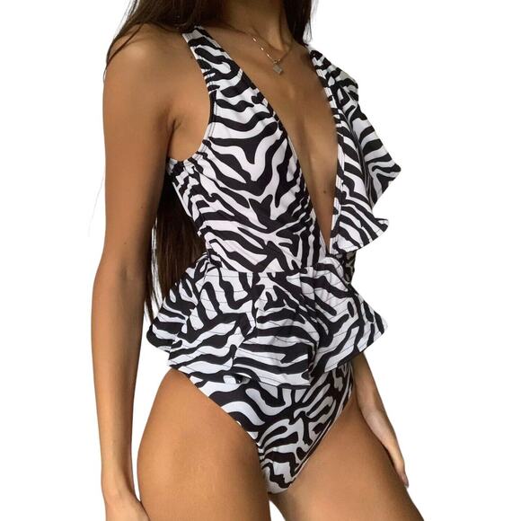 Women One Piece Swimsuit Sexy Zebra V Neck Small Swimwear Ruffle Bathing Beach - Picture 3 of 11